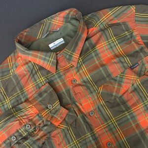 Columbia Omni Shade Sun Protection Plaid Dark Green Orange Sportswear  XL